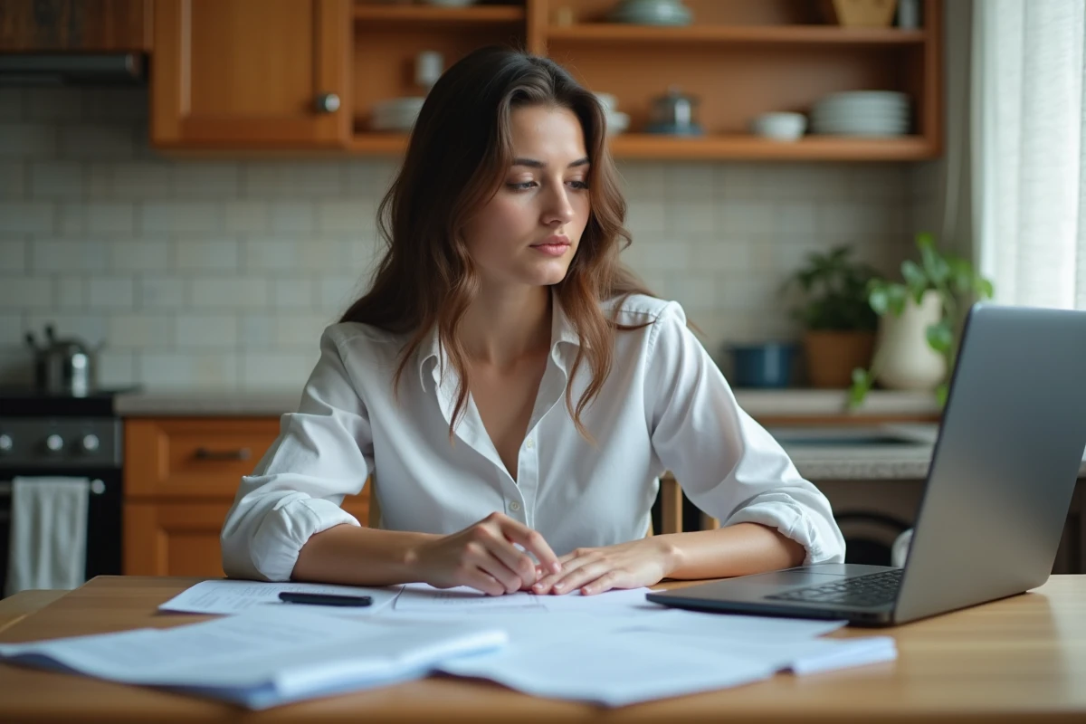 Jeune femme dans la cuisine analysant des factures et un ordinateur