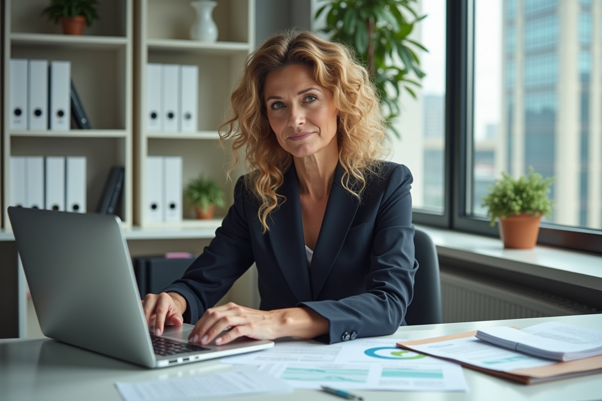 Femme travaillant sur son ordinateur dans un bureau lumineux