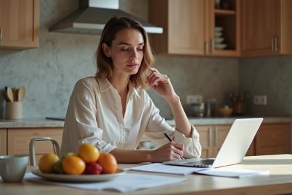 Femme en blouse et jeans dans une cuisine lumineuse