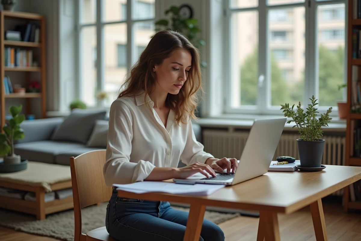 Jeune femme travaillant sur son ordinateur dans un appartement lumineux