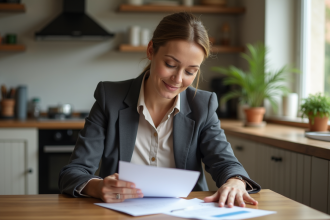 Femme d'âge moyen travaillant à la maison avec papiers