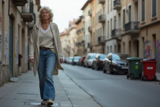Femme marche dans la rue de Chambéry avec expression préoccupée