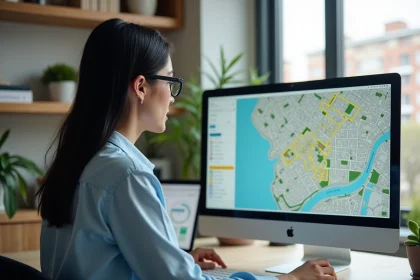 Femme concentrée étudiant une carte d'urbanisme dans son bureau