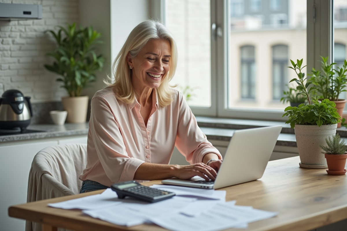 Femme souriante utilisant un ordinateur portable dans une cuisine lumineuse