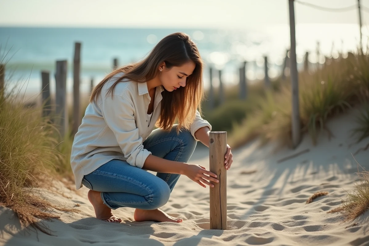 Jeune femme examinant une limite de propriété sur la plage