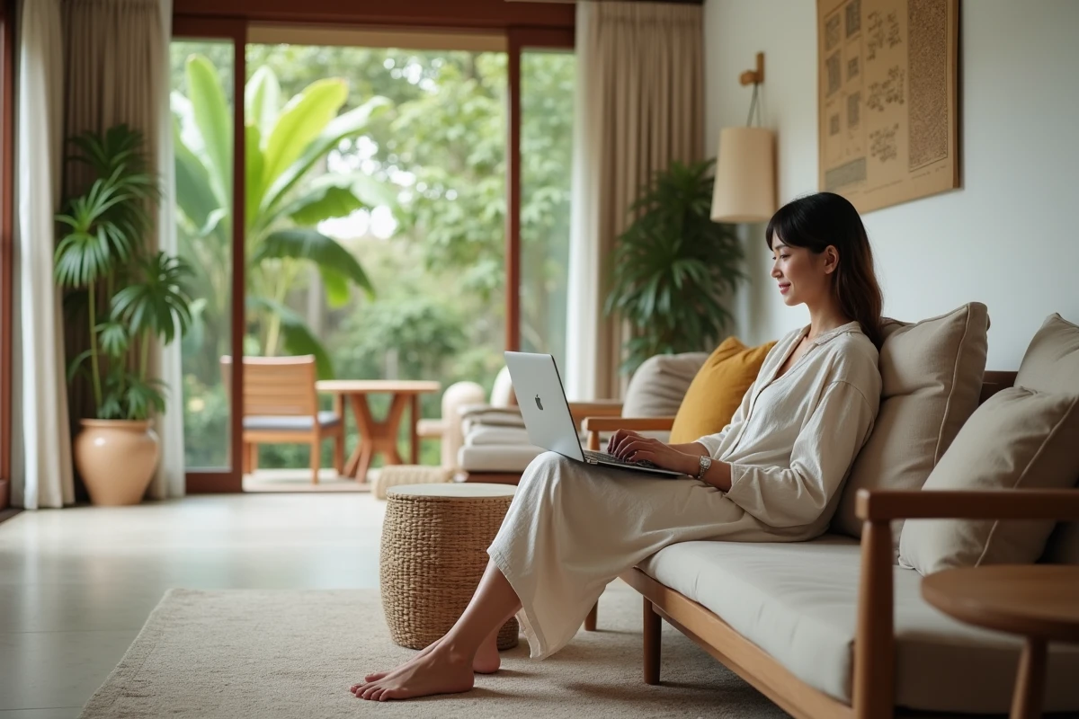 Jeune femme avec ordinateur dans salon thaïlandais