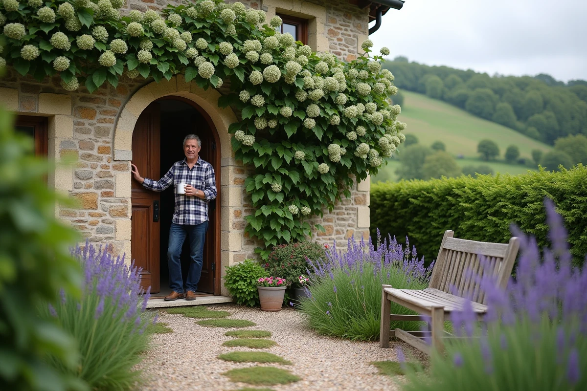 Ferme en pierre rénovée en location dans la Creuse, homme accueillant à la porte d'entrée, jardin fleuri et collines verdoyantes en arrière-plan