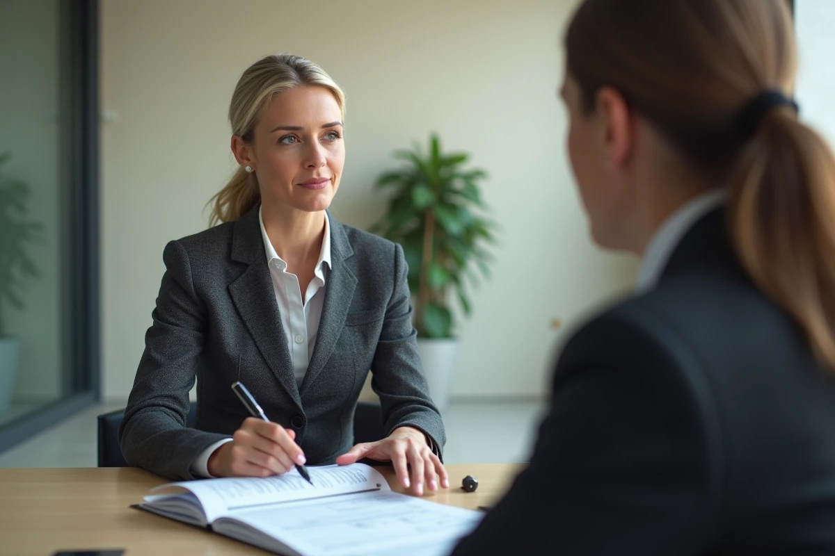 Femme d'affaires en réunion avec un conseiller bancaire pour financer l'achat d'un camping et évaluer le fonds de commerce