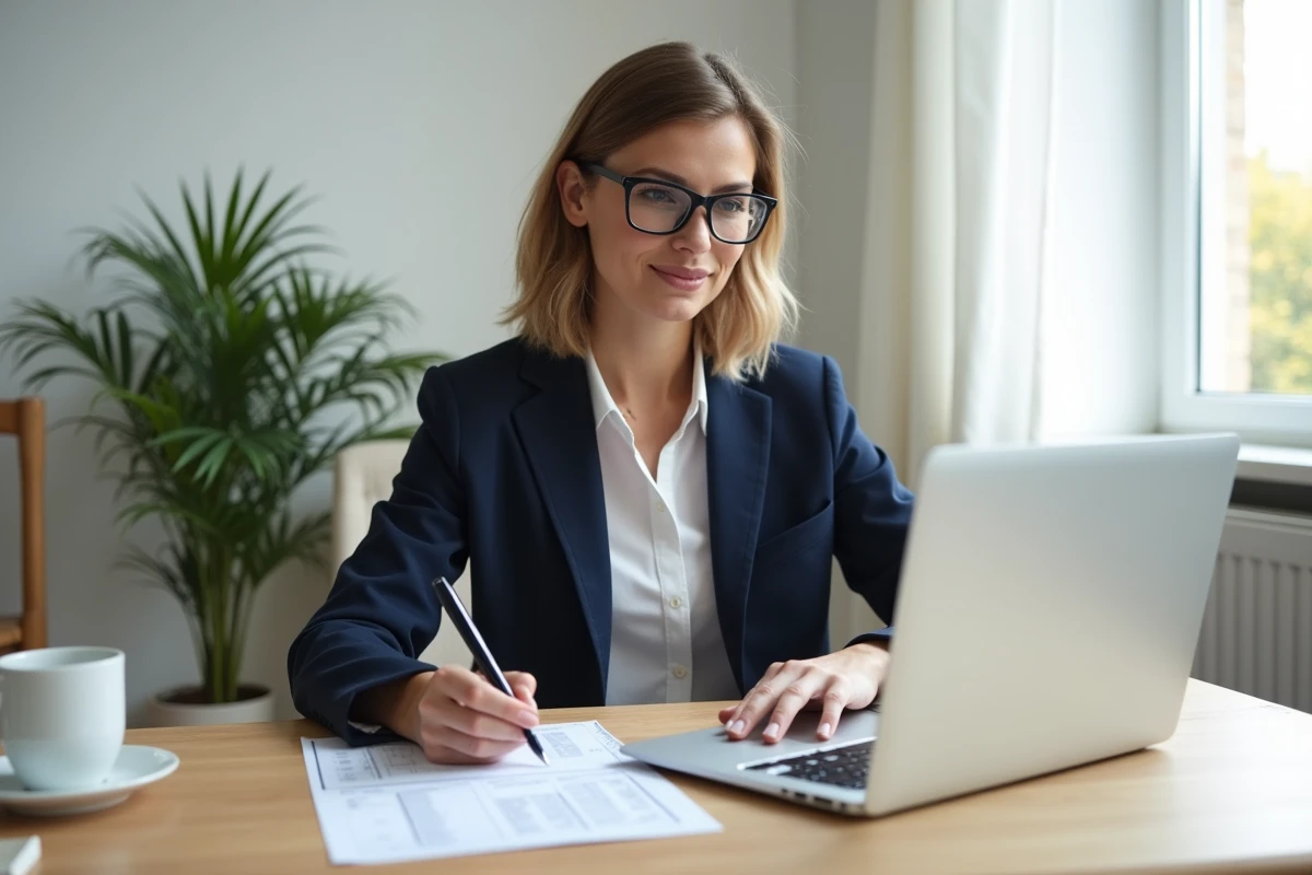 Femme gestionnaire analysant un contrat de location saisonnière et les revenus LMNP pour un mobil home