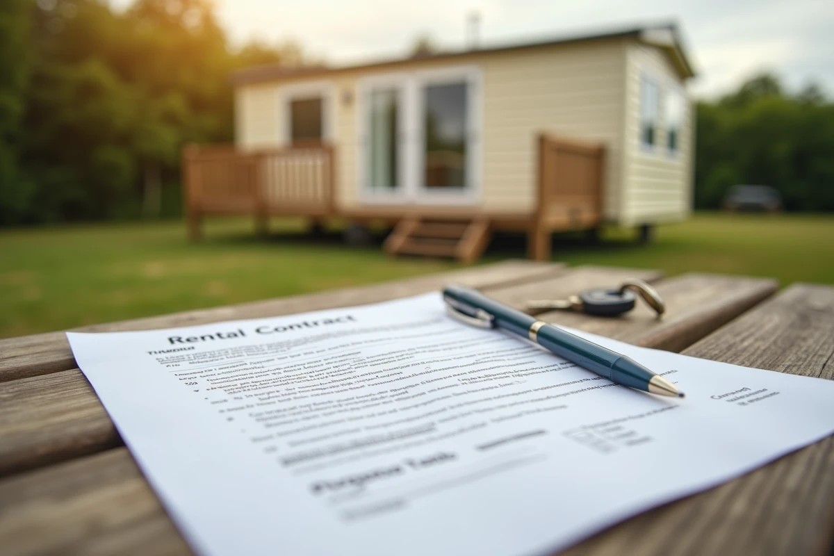 Gros plan sur un contrat de location LMNP signé avec clés de mobil home posés sur une table en bois au camping