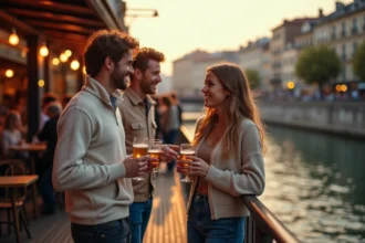 Groupe d'amis sur la terrasse d'une péniche au Rhône