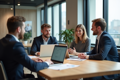 Groupe de trois adultes en discussion dans un espace coworking