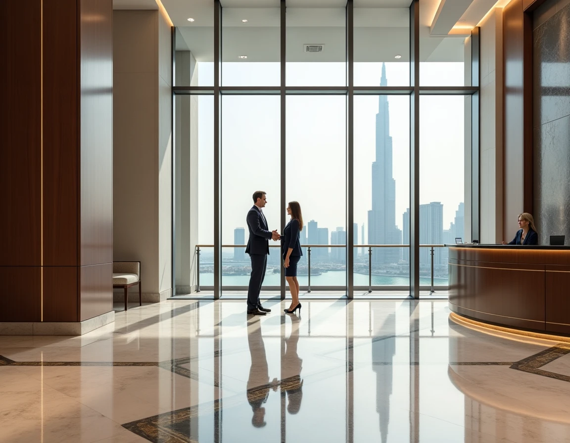 Hall d'entrée luxueux d'une tour à Jumeirah Lakes Towers avec vue sur l'Almas Tower à travers de grandes baies vitrées, Dubaï