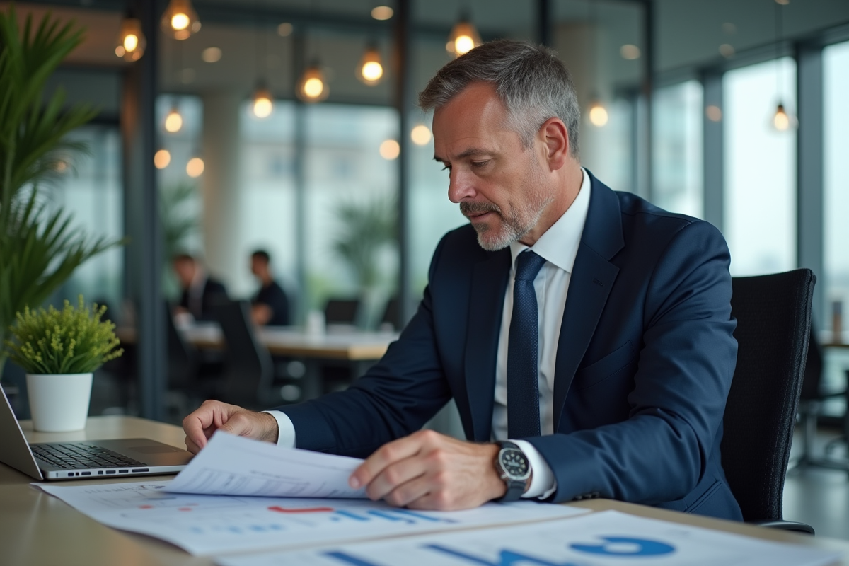 Homme d'affaires en costume analysant des graphiques financiers