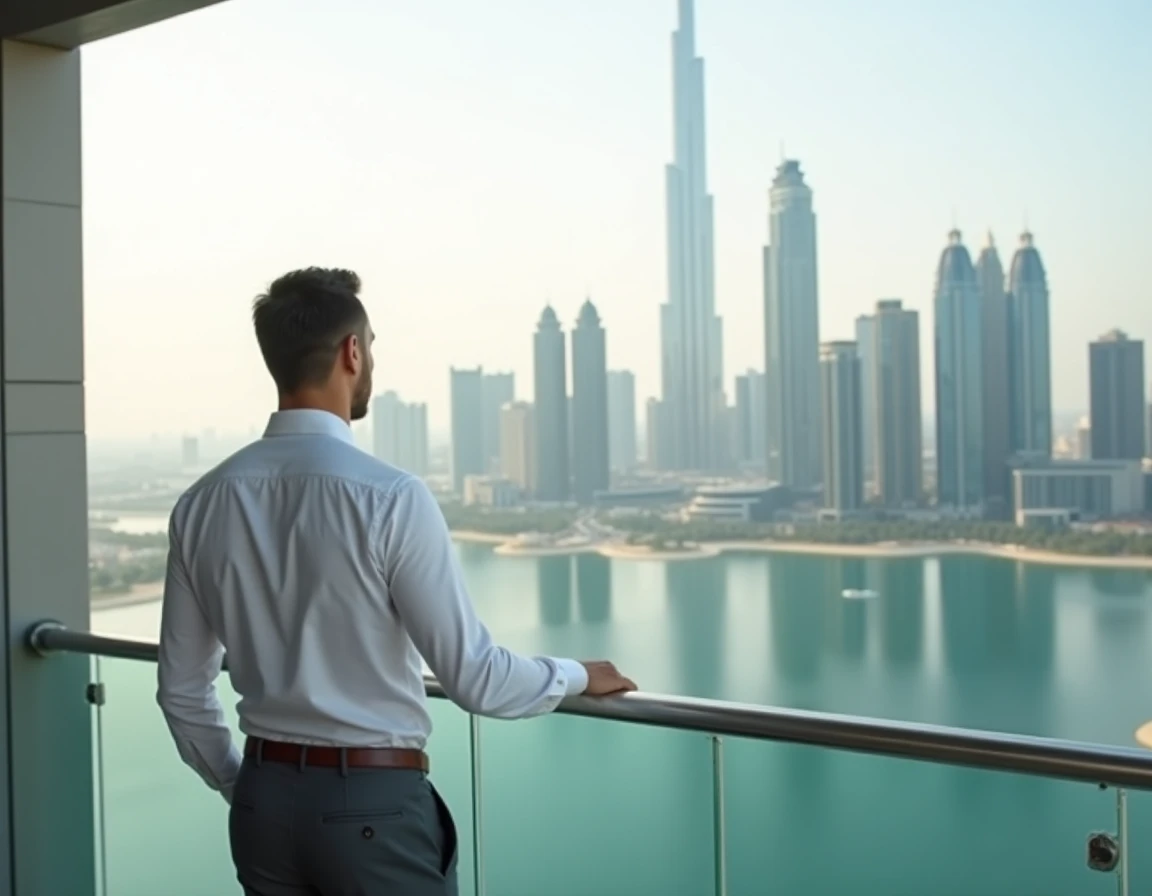 Homme d'affaires en chemise blanche sur une terrasse avec vue sur l'Almas Tower et les lacs de Jumeirah Lakes Towers à Dubaï