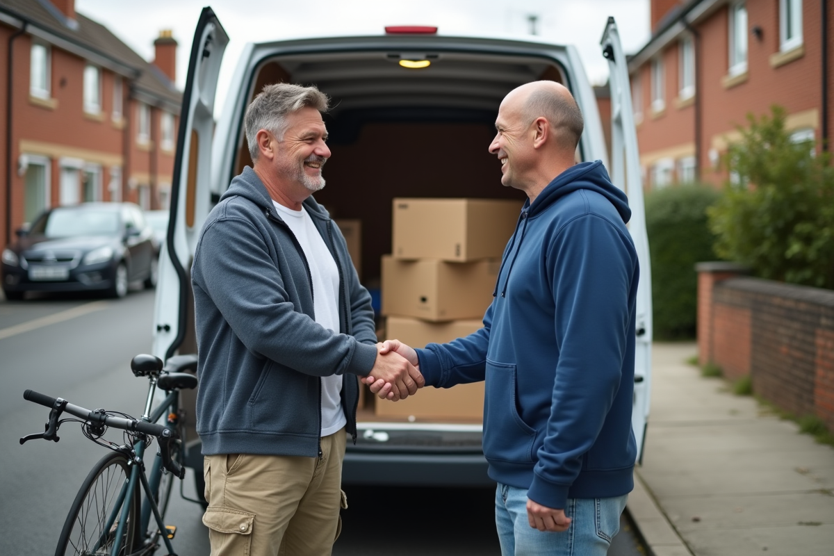 Homme et ami se serrant la main devant un van de déménagement