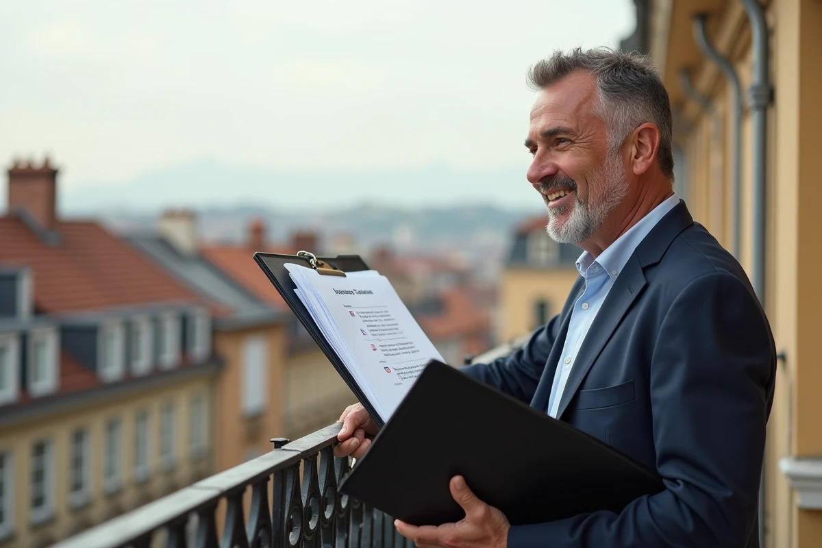 Homme avec clés et contrats sur un balcon lyonnais