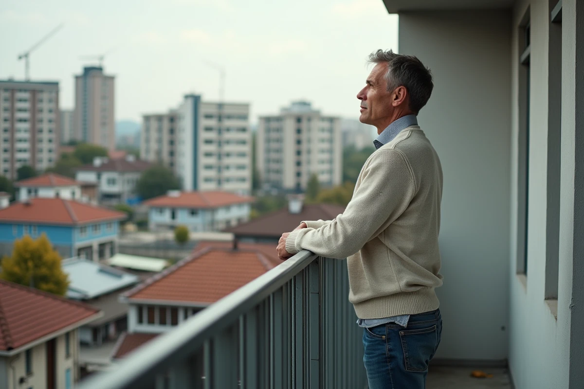 Homme contemplant le quartier urbain depuis un balcon