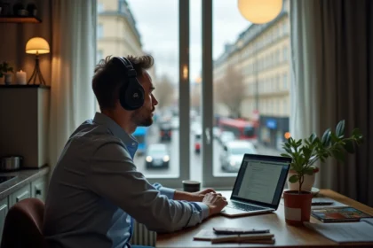 Homme au bureau urbain à ChampssurMarne avec rue animée