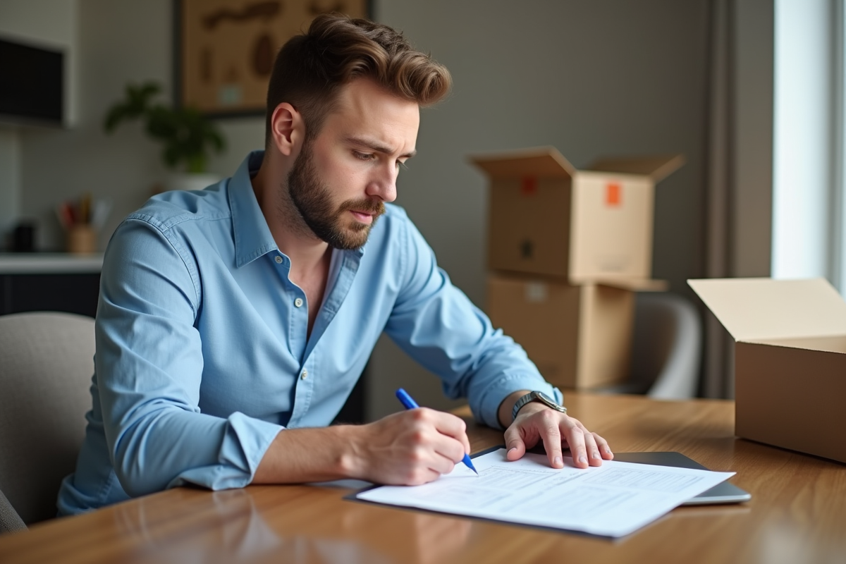 Homme concentré remplissant un formulaire de changement d'adresse
