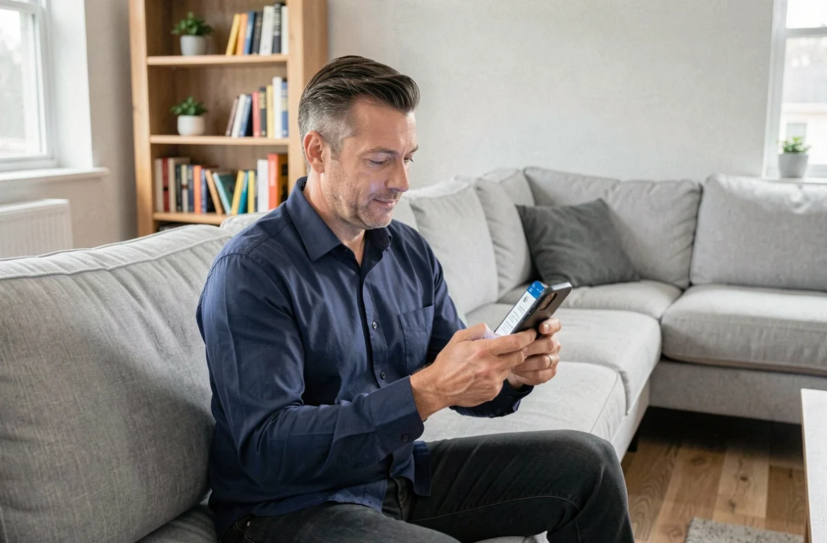 Homme consultant des offres d'assurance habitation économiques sur smartphone dans un salon confortable