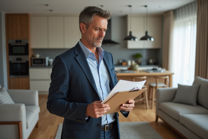 Homme d'âge moyen examinant un contrat de location dans un salon moderne