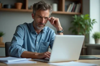 Homme d'âge moyen travaillant à la maison dans une cuisine moderne