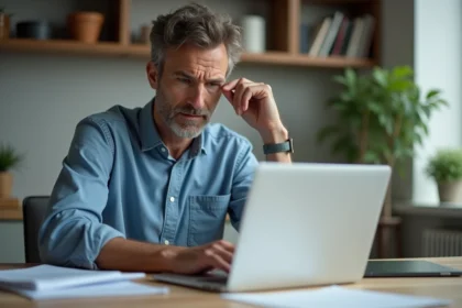 Homme d'âge moyen travaillant à la maison dans une cuisine moderne