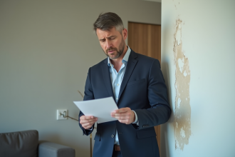 Homme d'âge moyen inspectant des dégâts d'eau dans un salon