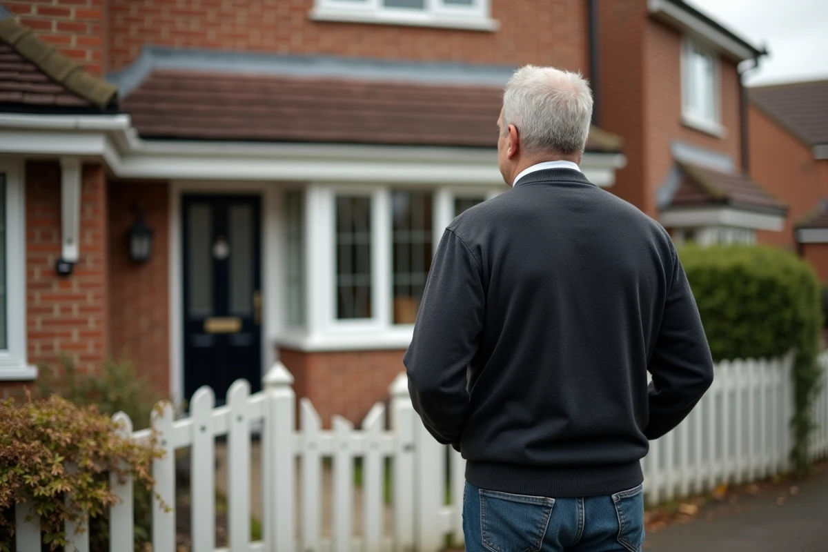 Homme regardant la maison familiale en extérieur automne
