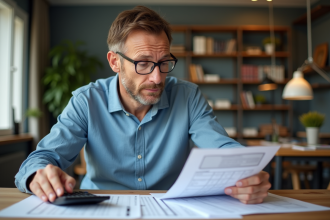 Homme concentré sur ses documents fiscaux à la maison