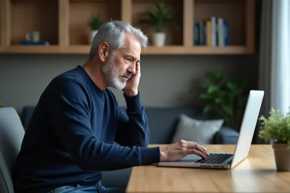 Homme inquiet assis devant son ordinateur dans un salon