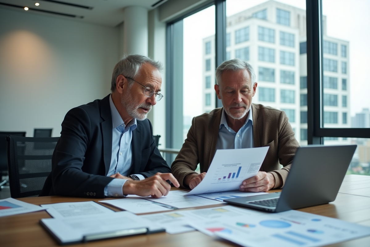 Homme d âge vérifiant des formulaires immobiliers avec un comptable