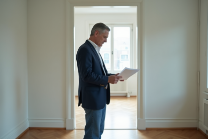 Homme d'âge moyen lisant des papiers dans un appartement vide