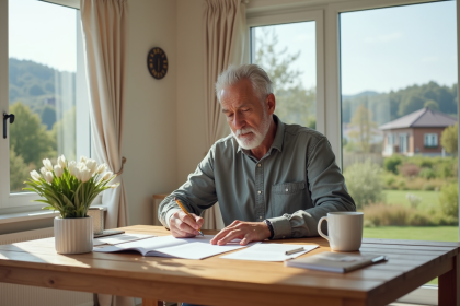Homme d'âge moyen lisant des documents dans une maison lumineuse