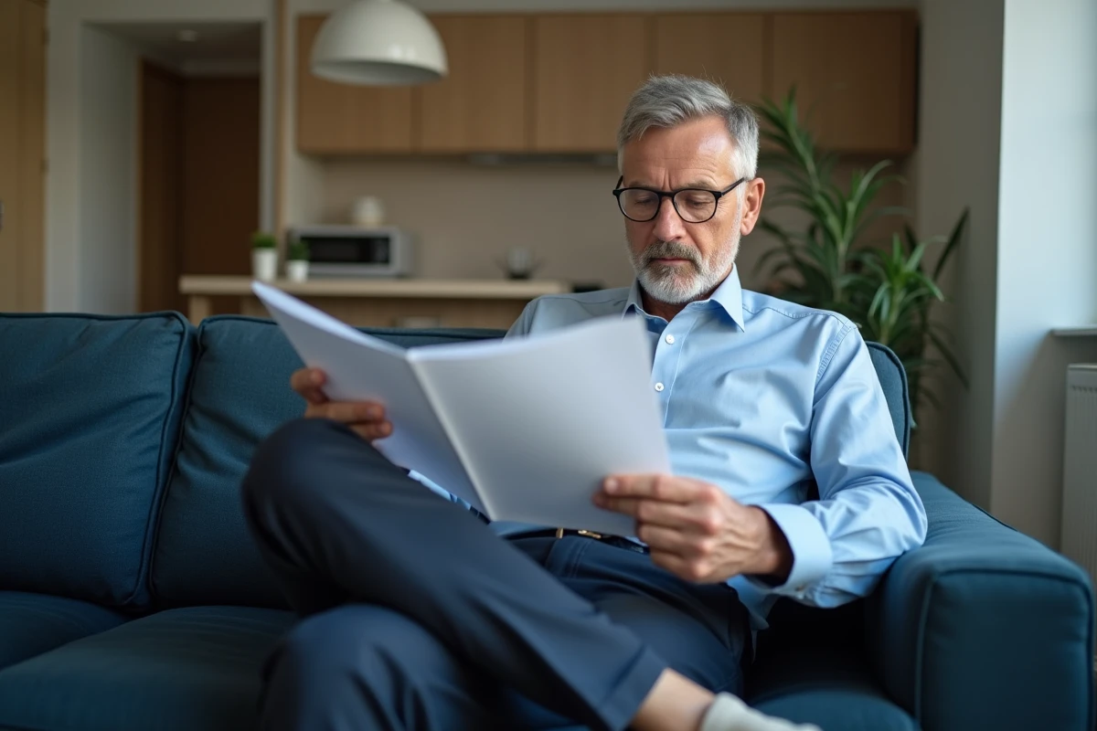 Homme d age moyen lisant un contrat dans un salon cosy