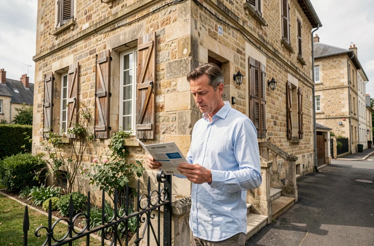 Homme devant une maison en pierre française tenant une brochure d'assurance habitation