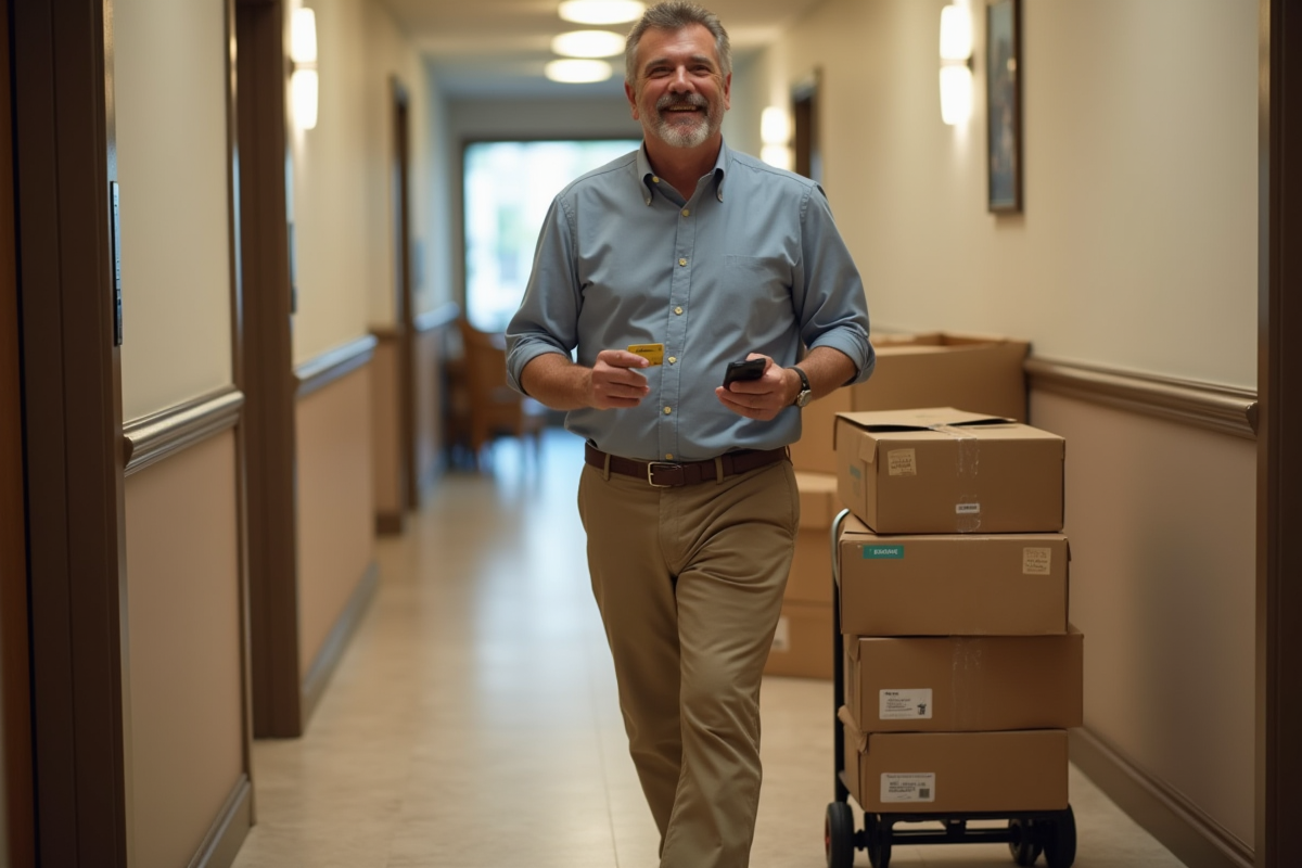 Homme en déplacement utilisant sa carte bancaire dans un couloir d