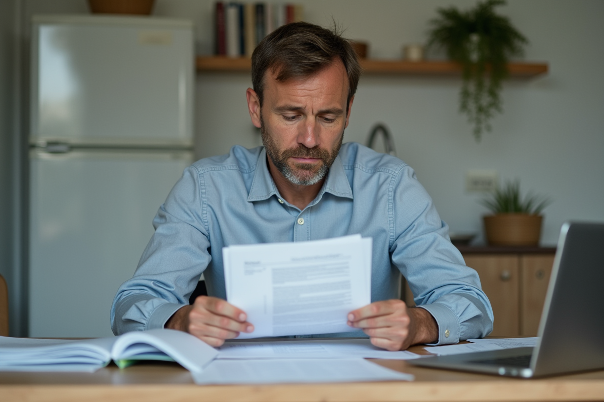 Homme d'âge moyen réfléchissant avec documents sur la table