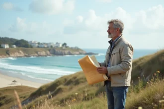 Homme en plein air tenant une carte de terrain face à la mer