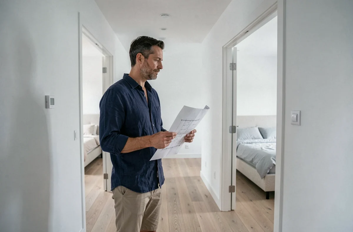 Homme consultant des plans d'appartement dans un couloir avec deux chambres visibles, réflexion sur le nombre de pièces idéal pour le travail à domicile