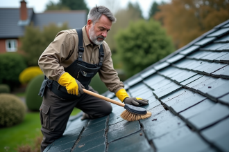 Homme appliquant une solution hydrofuge sur un toit en ardoise