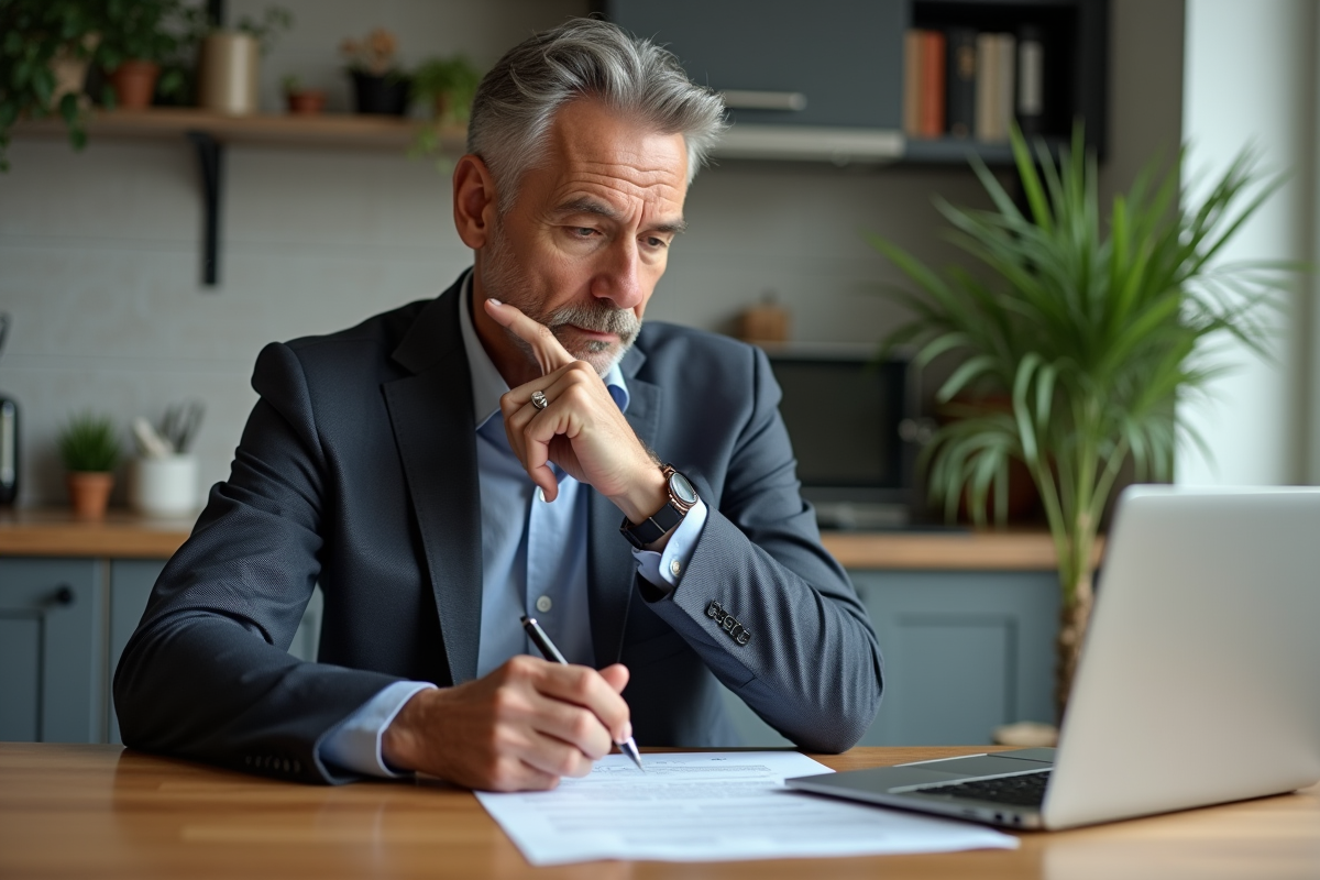 Homme d'affaires réfléchissant à un document de prêt immobilier
