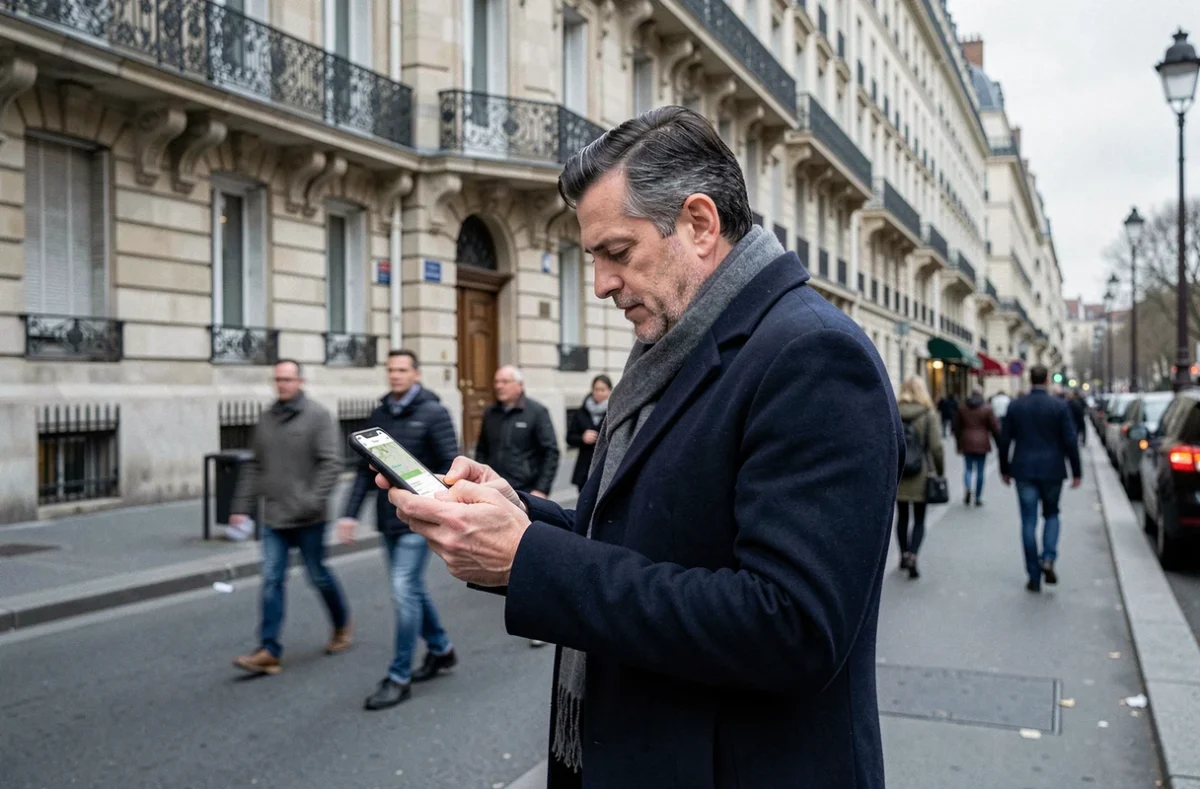 Homme consultant une carte immobilière sur smartphone dans une rue parisienne en zone tendue