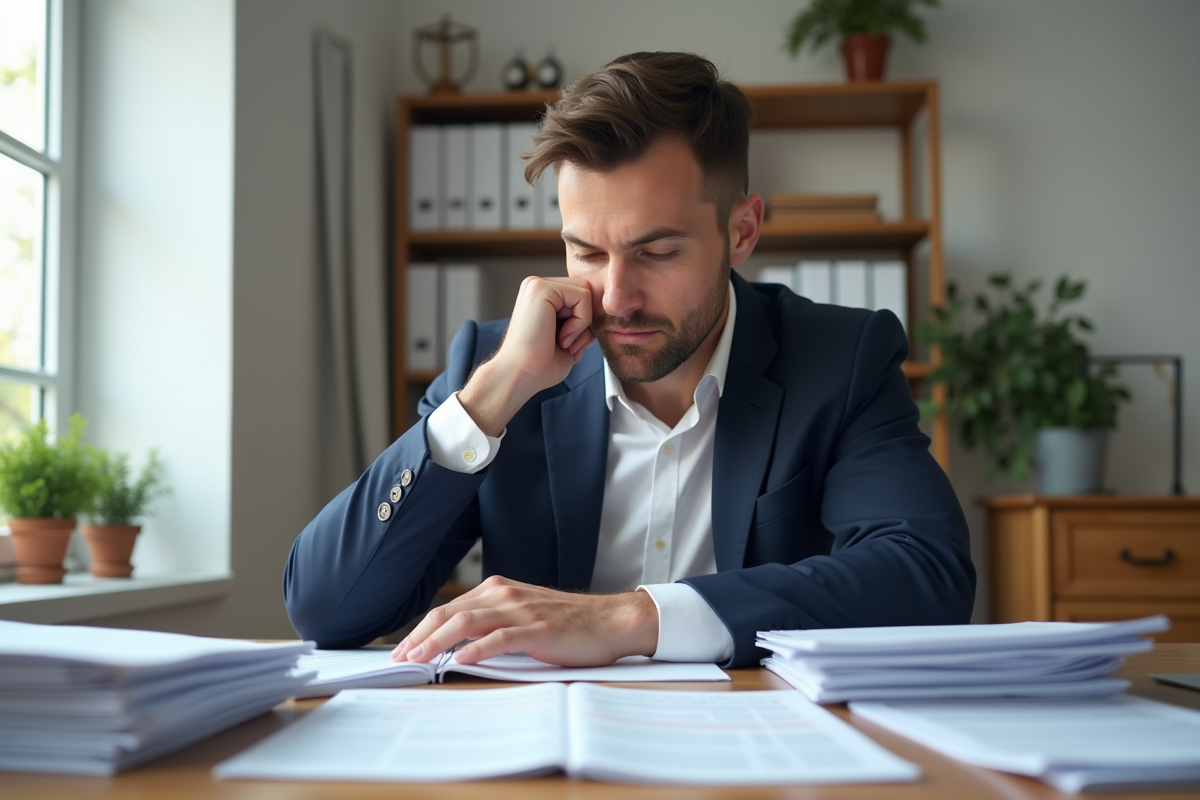 Homme en costume examinant des papiers fiscaux dans un bureau moderne