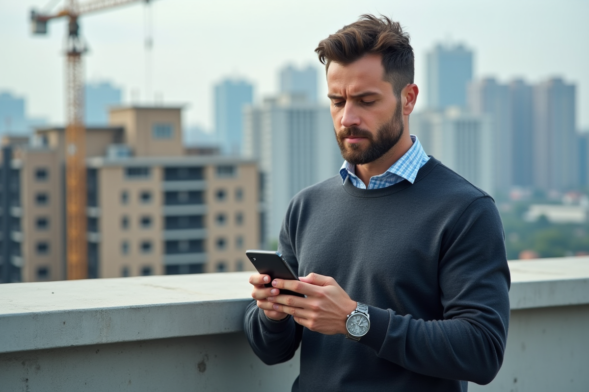 Homme dehors sur un toit urbain utilisant son smartphone