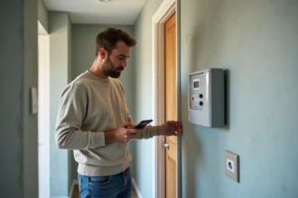 Homme d'âge moyen vérifiant un compteur électrique numérique