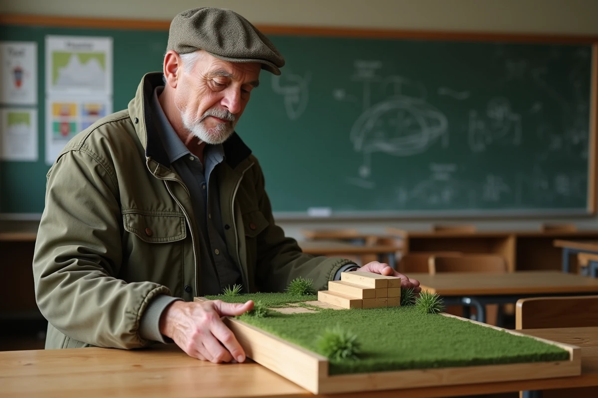 Homme âgé montrant un modèle de hectare en classe