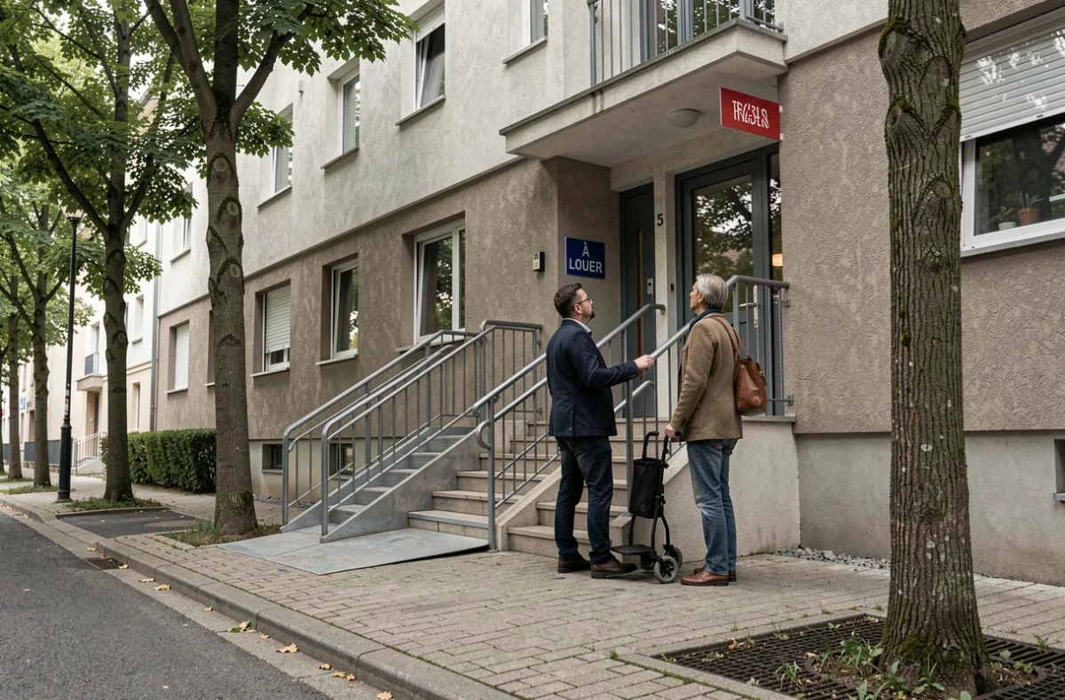 Façade d'immeuble résidentiel accessible PMR avec rampe d'accès et panneau à louer, vue depuis la rue