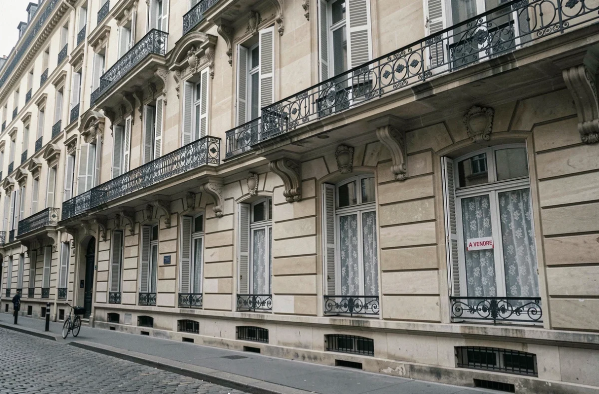 Immeuble haussmannien parisien avec panneau à vendre illustrant un viager sans bouquet pour résidence principale